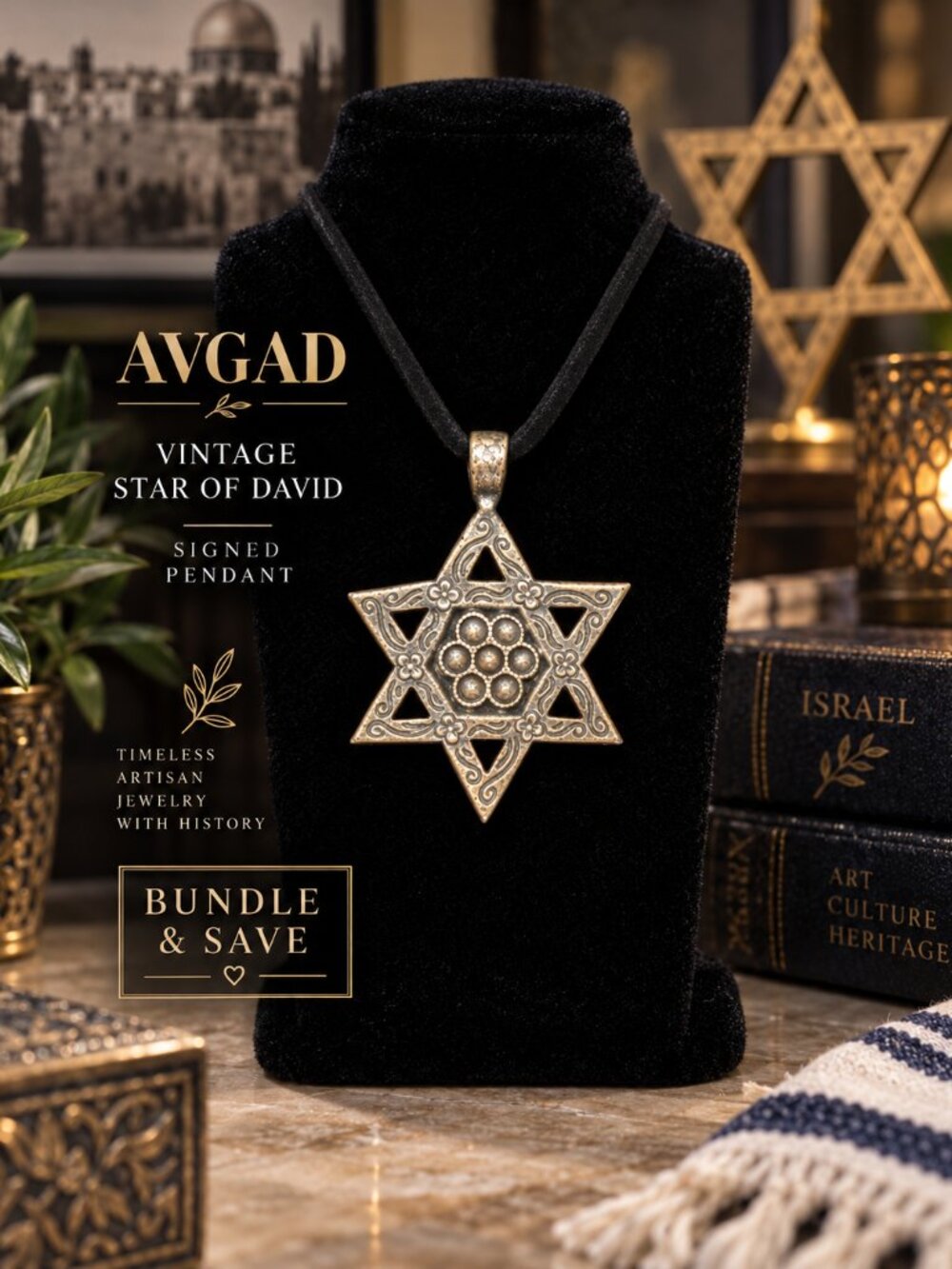 Vintage AVGAD Star of David Pendant Signed Silver Tone Judaica Israel Jewelry